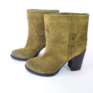 Franco Sarto A-Occela Women's Ankle Block Heel Pull on Olivr Green Suede Booties